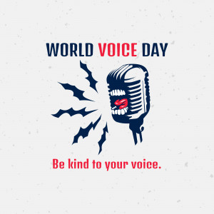 Illustration for World Voice Day featuring a microphone with lips and the text 'Be kind to your voice.'