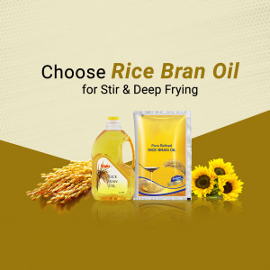 Rice Bran Oil bottle and packaging with rice and sunflowers