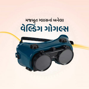 Blue welding goggles on a light orange and white background with Gujarati text.