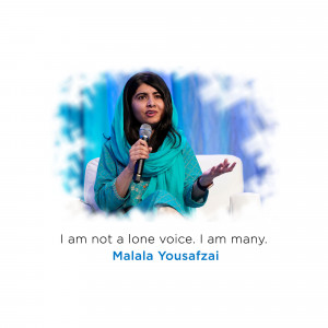 Malala Yousafzai addressing an audience with a microphone.