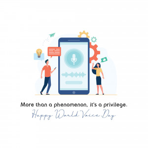 Illustration depicting voice technology and communication with people interacting with a smartphone.