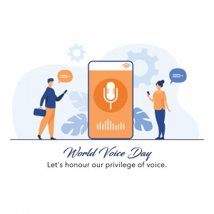 Illustration for World Voice Day featuring people and a microphone on a phone.