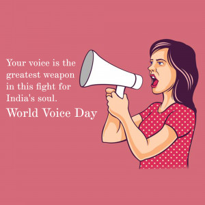 Illustration of a woman speaking into a megaphone with text promoting World Voice Day and the importance of voice in India.