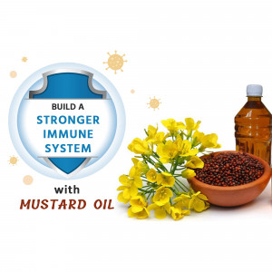Mustard oil with yellow flowers and a shield symbol representing a stronger immune system.