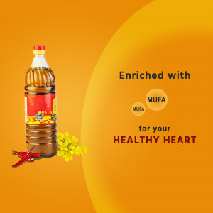 Bottle of mustard oil with mustard flowers and chili peppers, promoting heart health.