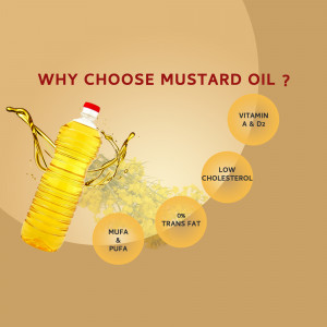 Image of a mustard oil bottle with highlighted health benefits.