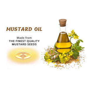 Bottle of mustard oil with mustard seeds and flowers