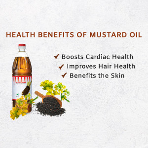 Bottle of mustard oil with mustard flowers and seeds, highlighting health benefits.
