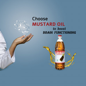 Image of a hand holding a glowing brain with a bottle of mustard oil, promoting its benefits for brain health.