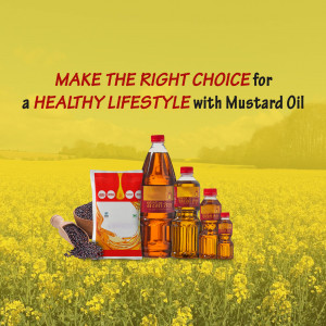Bottles and seeds of mustard oil with a field of mustard flowers in the background