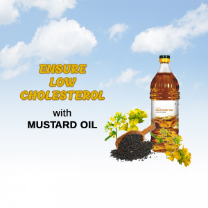 Bottle of mustard oil with mustard flowers and seeds against a blue sky background.