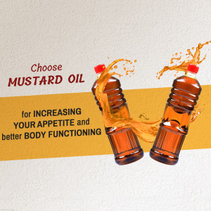 Two bottles of mustard oil with a splash, promoting increased appetite and better body function.