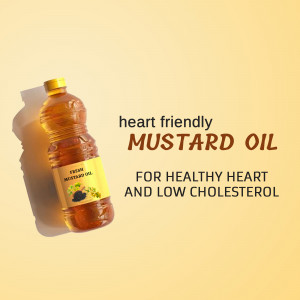 Bottle of mustard oil with text promoting heart health