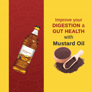 Bottle of mustard oil with mustard seeds, promoting digestive health.