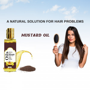 Bottle of mustard oil with a woman showcasing healthy hair