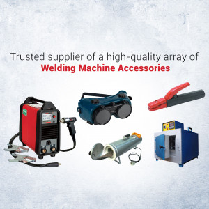 Welding machines and accessories including welding helmet, torch, and electrode holder.