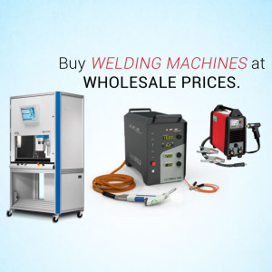 Various welding machines displayed with promotional text