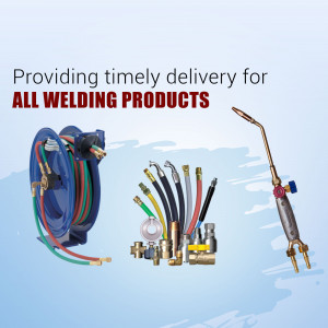 Welding equipment including a hose reel, torch, and various hoses and fittings.