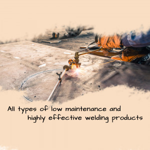 A welder using an oxy-acetylene torch to cut metal, with text promoting welding products.