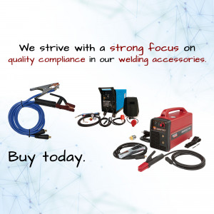 Welding equipment including a welding machine, cables, and electrode holders with text promoting quality and purchase.