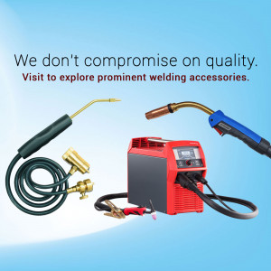 Welding equipment and accessories with text 'We don't compromise on quality'
