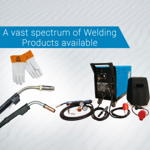 Welding equipment including a welding machine, gloves, torch, and accessories.