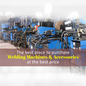 Row of blue welding machines in a workshop with text overlay promoting purchase options.