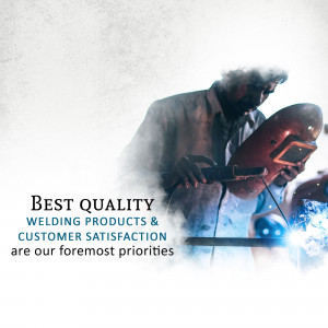 A welder working with welding equipment, promoting welding products and customer satisfaction.