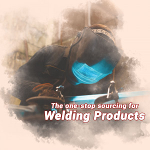 Welder wearing a face shield and mask working with metal, with text promoting welding products.