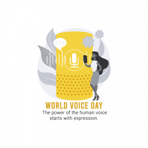 Illustration for World Voice Day featuring a woman using a voice assistant and text 'World Voice Day'