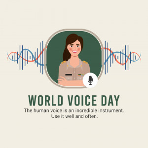 Illustration for World Voice Day featuring a woman with a microphone and sound wave graphics.