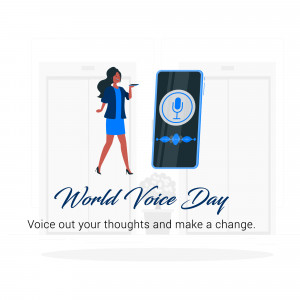 Illustration for World Voice Day featuring a woman speaking into a smartphone with a microphone icon.