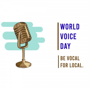 Illustration of a vintage microphone with the text 'World Voice Day - Be Vocal for Local'