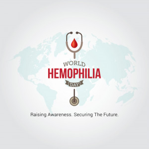 World Hemophilia Day graphic with a blood drop and stethoscope over a world map.