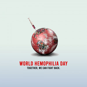 Globe with a syringe, representing World Hemophilia Day and the fight against the disease.