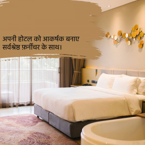 A well-lit hotel room featuring a comfortable bed, a soaking tub, and modern wall art.