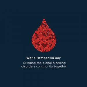 A graphic depicting a blood drop made of smaller circles with the text 'World Hemophilia Day' and a supporting message.