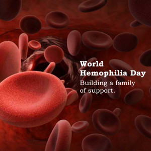 Illustration of red blood cells with text 'World Hemophilia Day - Building a family of support'