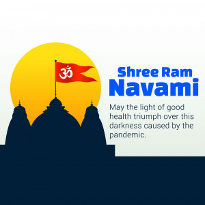 Shree Ram Navami image with temple silhouette and Om symbol flag