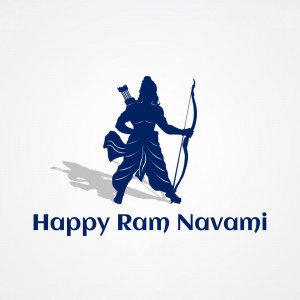Silhouette of Lord Rama with bow and arrow, with text 'Happy Ram Navami'