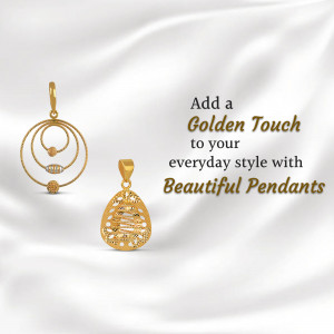 Two gold pendants on a white silk background with text promoting beautiful pendants.