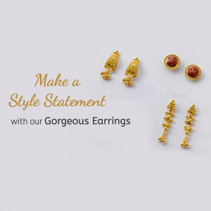 Close-up of various gold earrings on a light grey background with text 'Make a Style Statement with our Gorgeous Earrings'