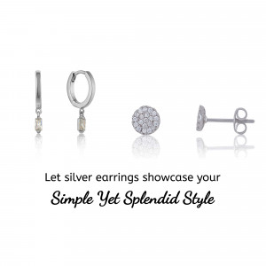 Four different styles of silver earrings displayed on a white background.