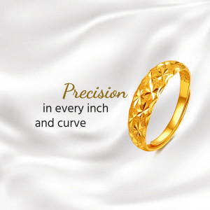 Close-up of a beautifully crafted gold ring on a silk background