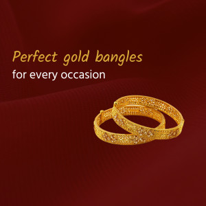 Close-up of two golden bangles on a red background with text 'Perfect gold bangles for every occasion'