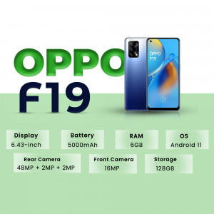 OPPO F19 smartphone with key specifications displayed