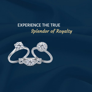 Close-up of three elegant diamond rings on a dark blue background.