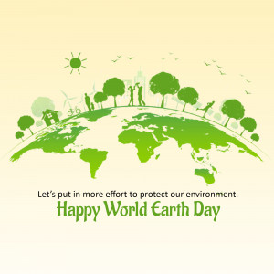 Illustration of a green Earth with trees, sun, and people, promoting environmental protection.