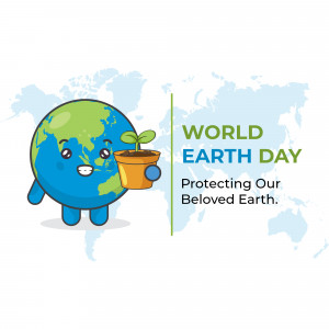 Cartoon Earth holding a plant pot with a seedling, with the text 'World Earth Day - Protecting Our Beloved Earth'