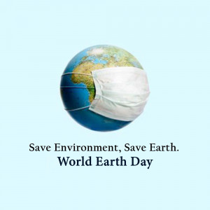 A globe with a surgical mask covering the Americas, with text 'Save Environment, Save Earth. World Earth Day'